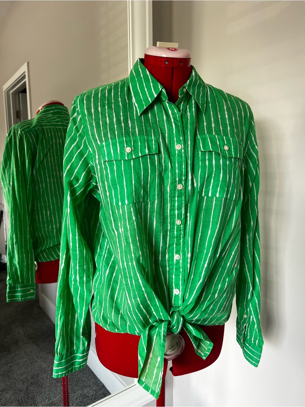 Lauren Ralph Lauren Green and White Striped Button-Front Tie Hem Shirt